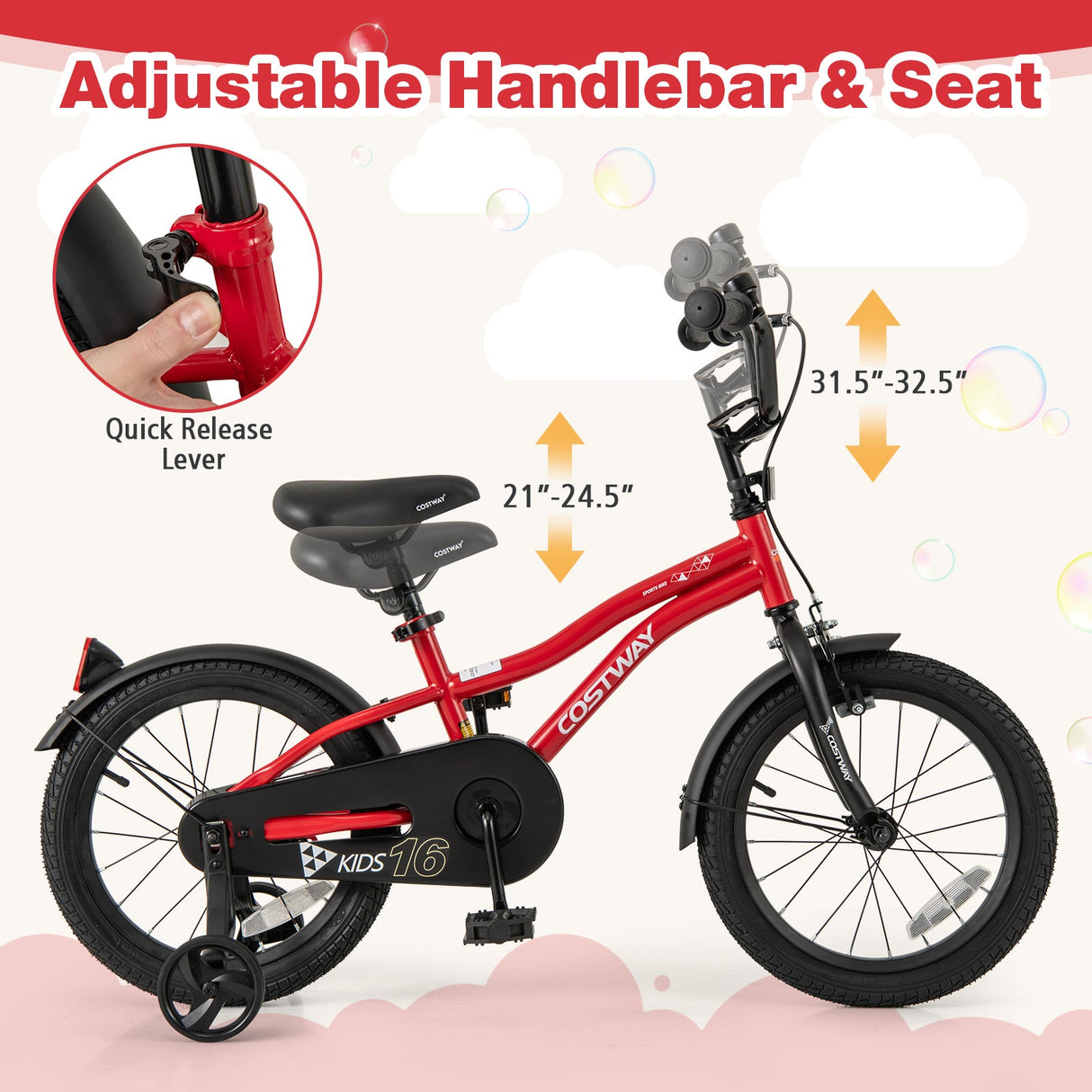 16 Inch Kids Bike Adjustable Bicycle with Reflectors and Bell for 4-7 Years Old