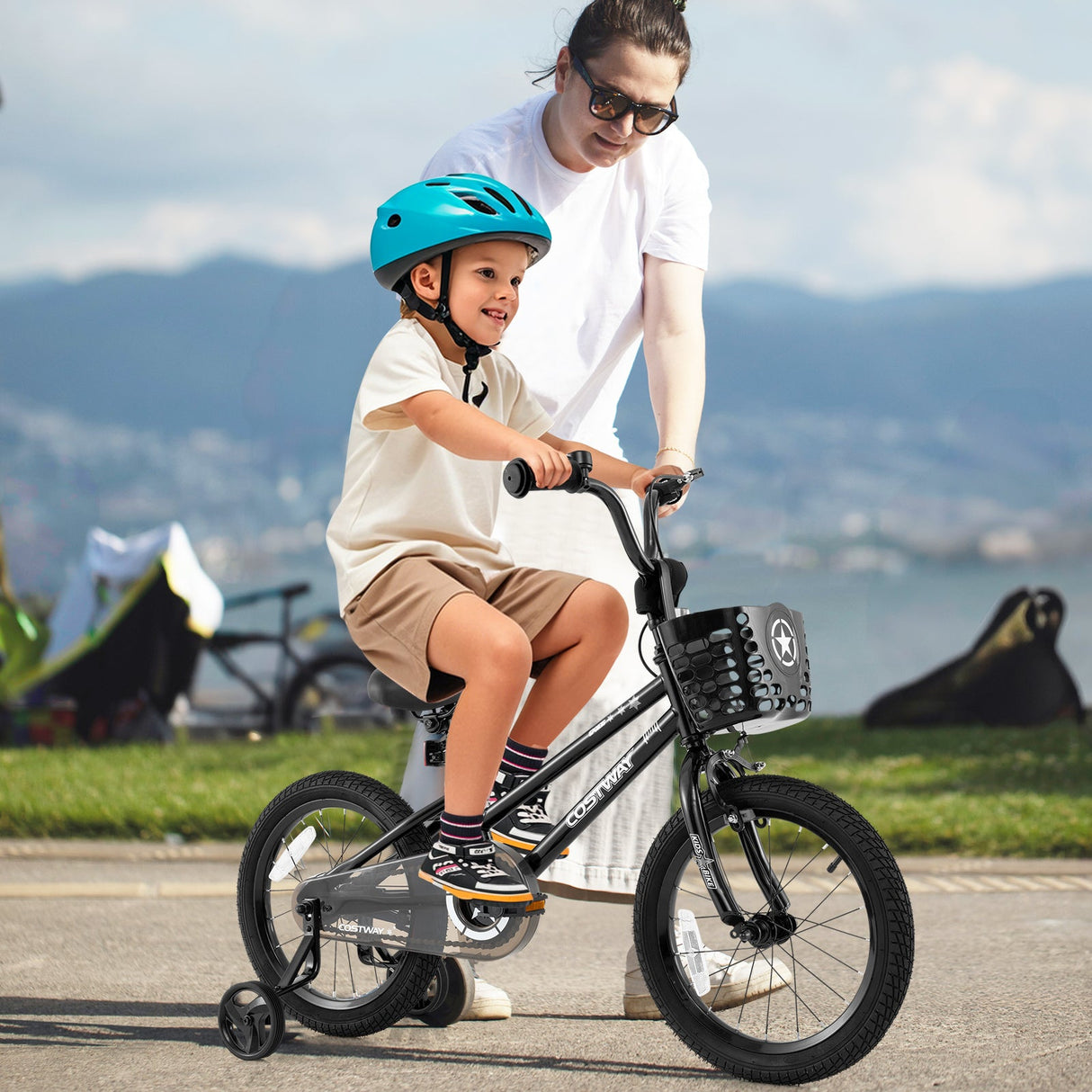 16 Inch Kids Bike with Basket and Training Wheels for Children Aged 4-7 Years Old