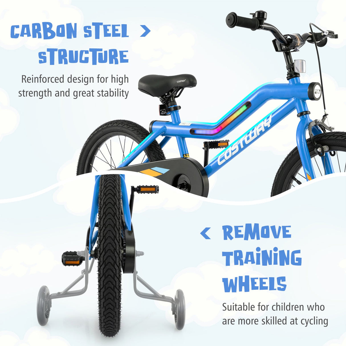 18 Inch Kids Bike LED Lighted Adjustable with Training Wheels for 4-8 Years Old Kids-18 inches