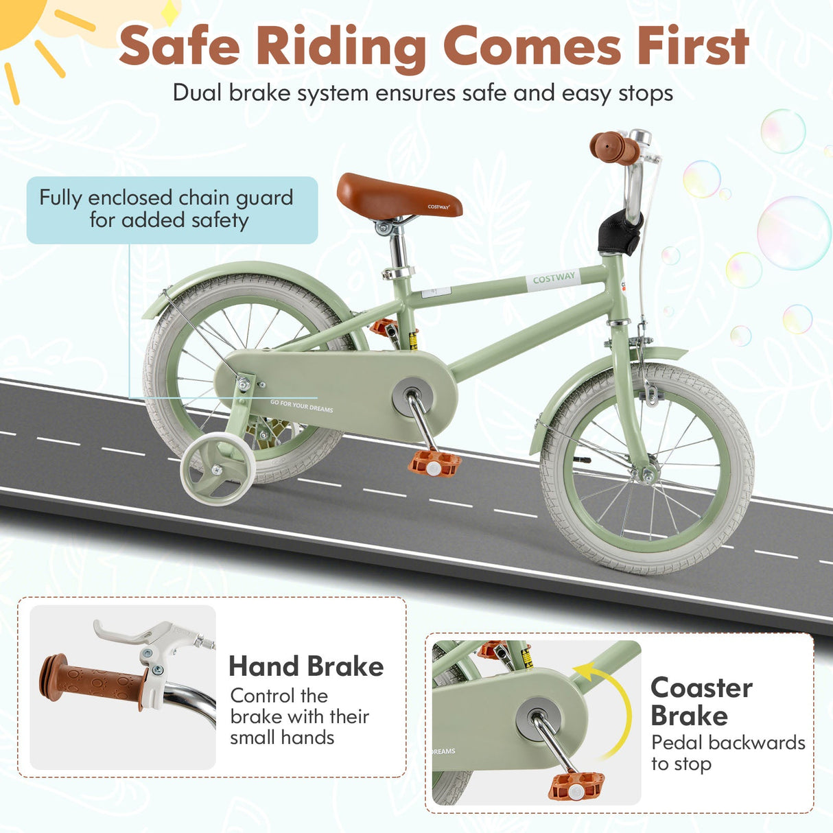 Kids Bike with Adjustable Handlebar and Saddle Green-14 Inches