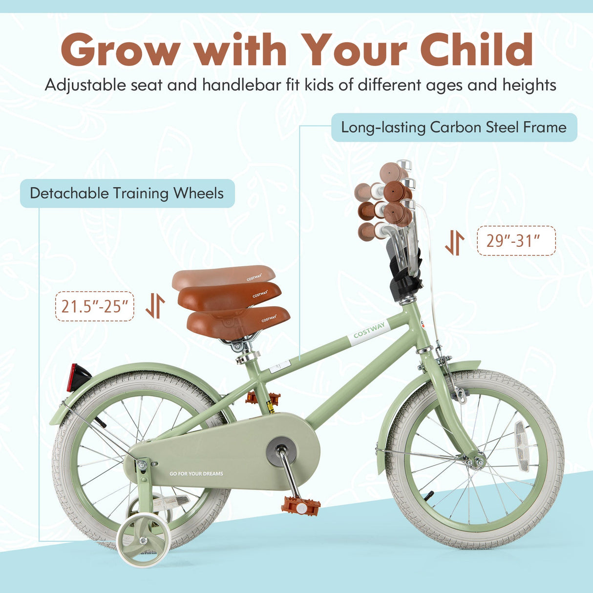 Kids Bike with Adjustable Handlebar and Saddle Green-16 Inches