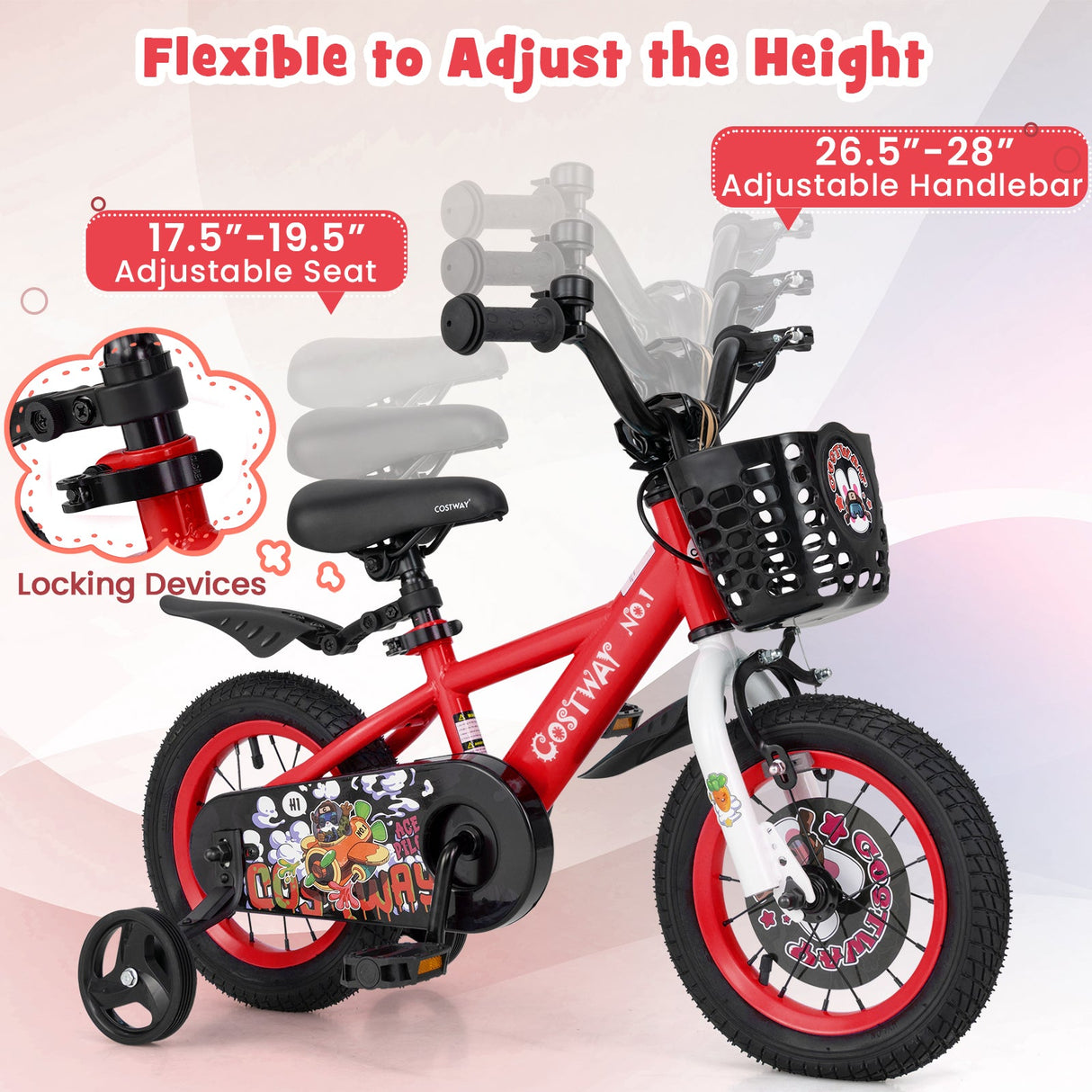 12 Inch Kids Bike Adjustable with Storage Basket and Double Brake for 3-4 Years Old-12 inches