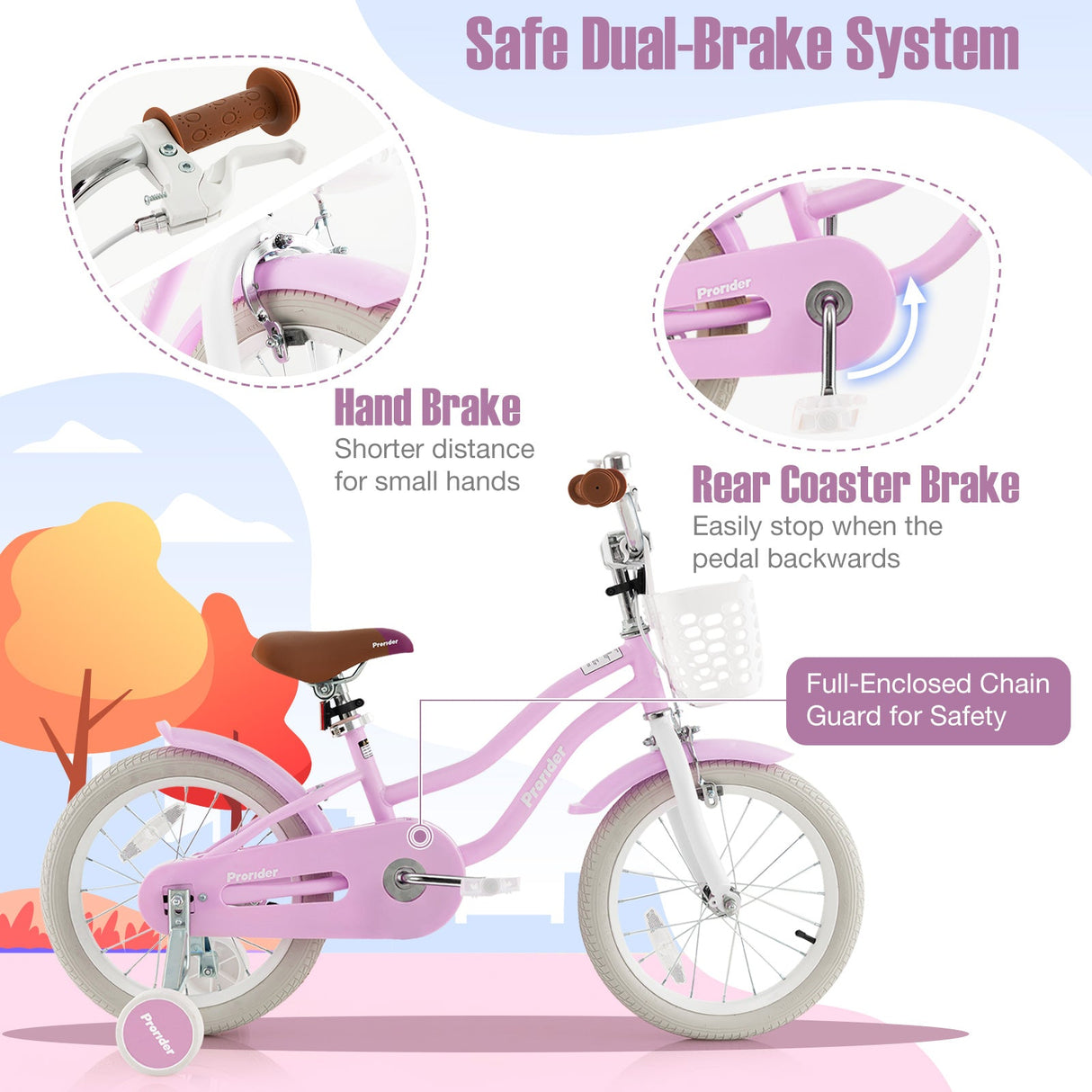 16 Inch Kids Bike with Front Handbrake and 2 Training Wheels-Purple