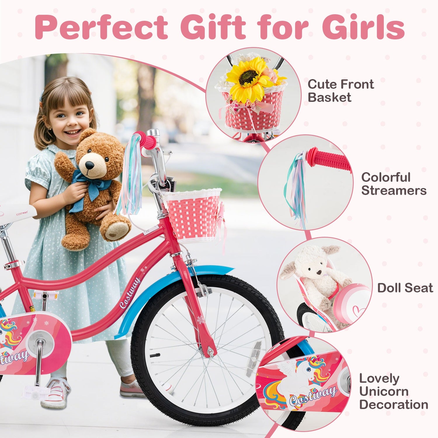 18 Inch Girls Bike for 3-5 Years Old Kids Bike with Doll Seat and Training Wheels
