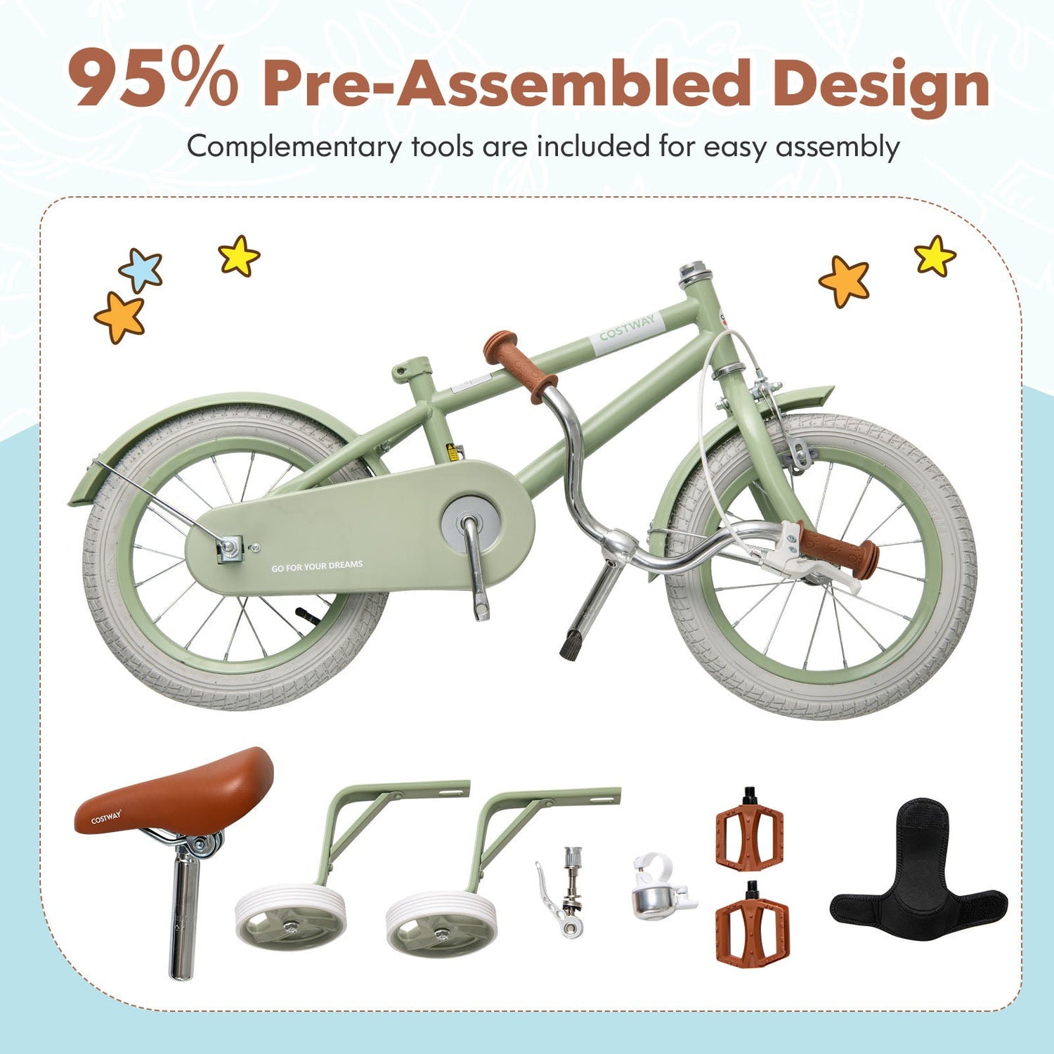 Kids Bike with Adjustable Handlebar and Saddle Green-14 Inches